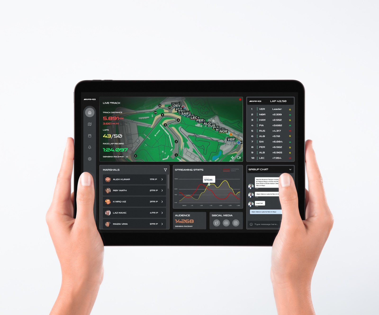 The AMG Driving Academy dashboard, shown on a tablet held trackside: live track map, leaderboard, marshals, streaming stats and a team chat.