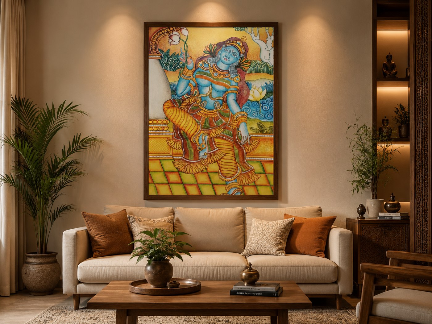 A traditional Kerala mural painting in the classic style, framed and hung on a living room wall.