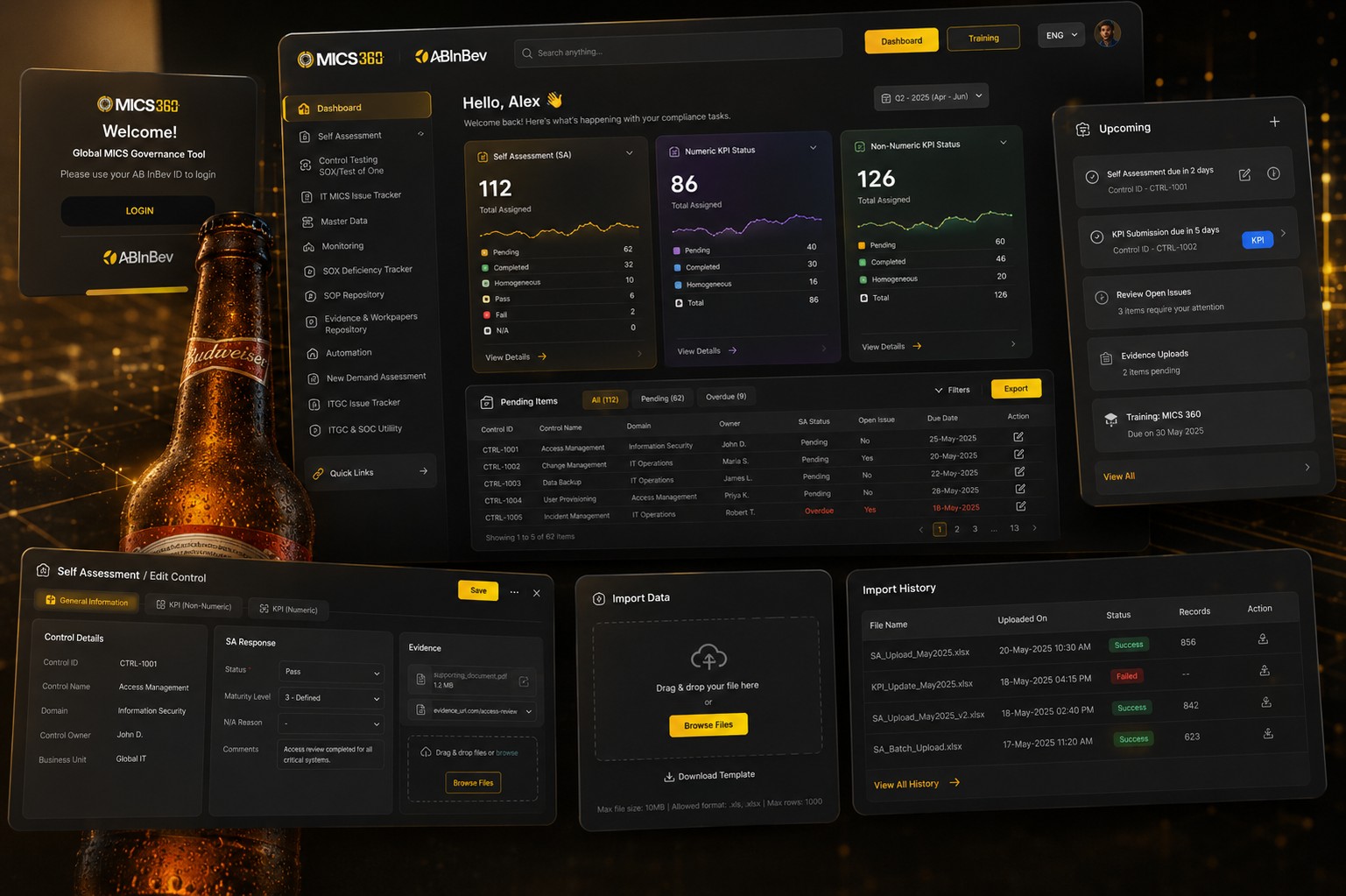 A set of MICS 360 screens after migration: sign in, the dashboard with self assessment and KPI status cards and a pending items table, the edit control workspace with general information, KPI, and evidence tabs, plus the import data and import history views.