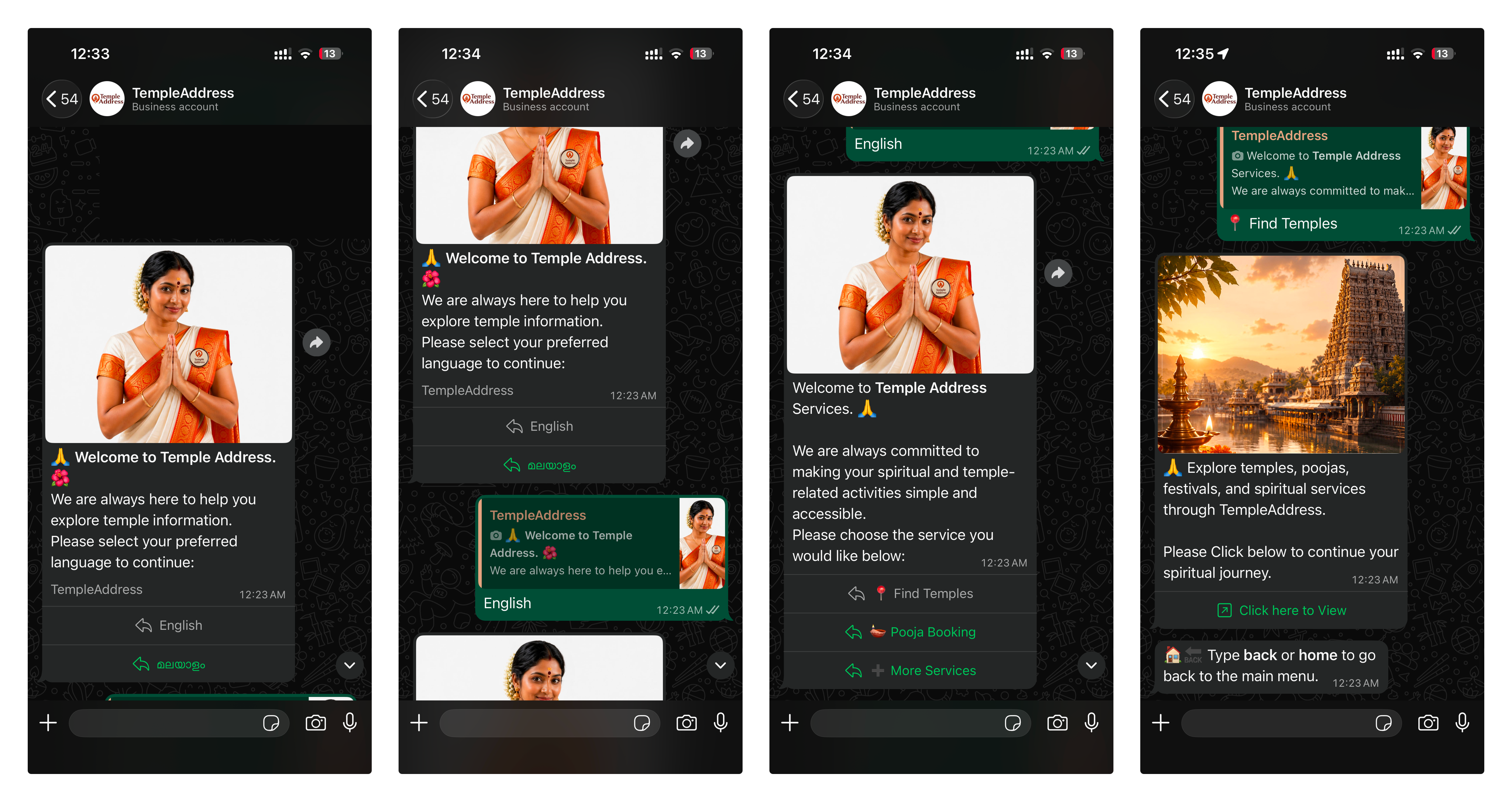 The live TempleAddress WhatsApp assistant across four screens: choose language, welcome, a service menu, and a temple discovery reply with a photo and a view link.